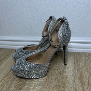 Thalia Sodi Chace T Strap Platform Heels Silver Bling